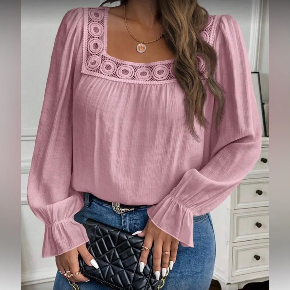 Elegant Pink Lace Trim Women's Top